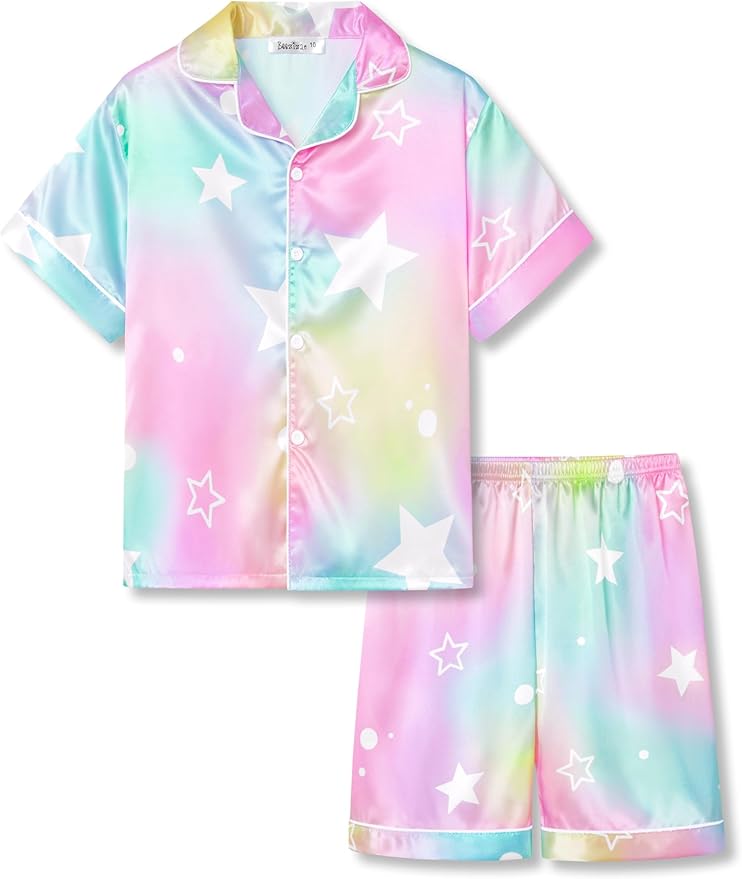 Beezizac Little & Big Girls Satin Silky Button Pajama Summer Short Sleeves Set Trendy Outfit Kid Size 6-16
