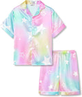 Beezizac Little & Big Girls Satin Silky Button Pajama Summer Short Sleeves Set Trendy Outfit Kid Size 6-16