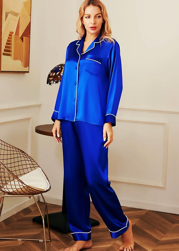 SIHA Satin Silk Pajamas for Women Pajama Set With Long Sleeve Button-Down Satin Pajamas Sleepwear XS-3XL