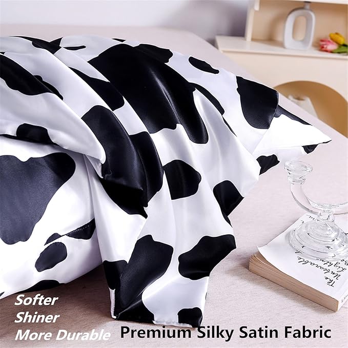 Satin Pillowcase for Hair and Skin Cow Print Pillow Cases Queen 2 Pack, Soft Cooling Silk Satin Pillowcase Set of 2 Silky Pillow Cover with Envelope Closure (20x30 inches, Cow)