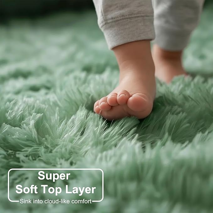 Amdrebio Sage Green Area Rugs for Bedroom Aesthetic, Fluffy Furry Rugs for Nursery, Classroom, Teen Boys, Baby Kids Room Decor, Cute Shaggy Carpet for Living Room Dorm, Fuzzy Plush Light Mint Rug 4x6