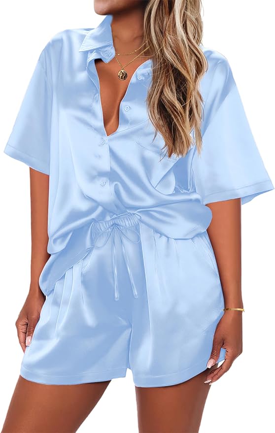 Ekouaer Pajamas for Women Silk Satin Pjs Soft Sleepwear Short Sleeve Button Down Pjs Top and Shorts 2 Piece Lounge Set S-XXL