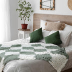 Tudomro Checkered Chunky Knit Throw Blanket for Couch 50 x 60 Inches Neutral Decor 100% Hand Knitted Cozy Soft Large Rope Knot Crochet Blankets for Sofa Living Room(Ivory and Sage Green)