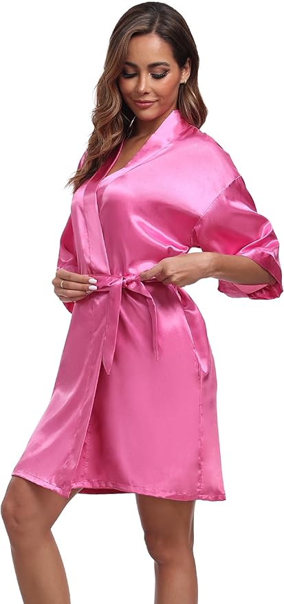 Women's Short Satin Robes Silky Bathrobe Bridesmaid Sleepwear for Wedding Party Getting Ready Solid Color