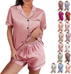 WJing Yi Jia Womens Silk Satin Pajamas Loungewear Two-Piece Sleepwear Button-Down Floral Pj Set XS-4XL