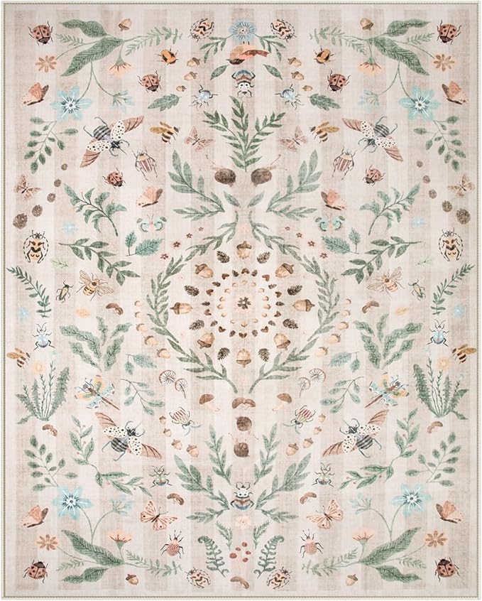 Lahome Chloe Insect Botanical Washable Beige Area Rugs 8x10 Rugs for Living Room, Non Slip Rugs for Bedroom, Boho Indoor Throw Dining Room Carpet for Under Table Home Office Playroom(Beige,8x10)