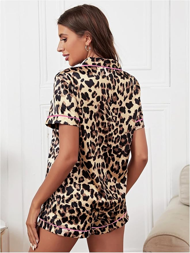 WDIRARA Women's Sleepwear Leopard Print Satin Shirt and Shorts Pajama Set