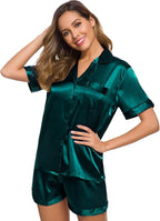SWOMOG Womens Silk Satin Pajamas Set Short Sleeve Sleepwear Button Down Top and Shorts Loungewear 2 Piece Pjs Set XS-3XL