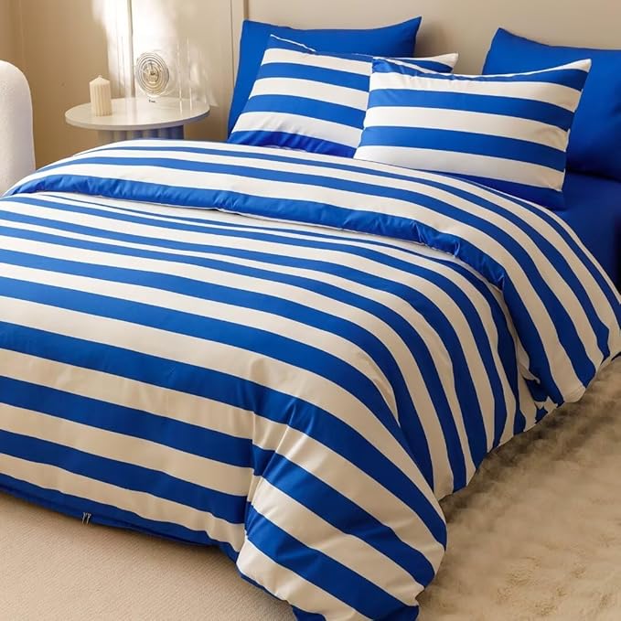 CLOTHKNOW Stripes Comforter Set Full Size Blue White Bedding Comforter Sets Farmhouse Bedding Soft Comforter with 2 x Pillow Cases