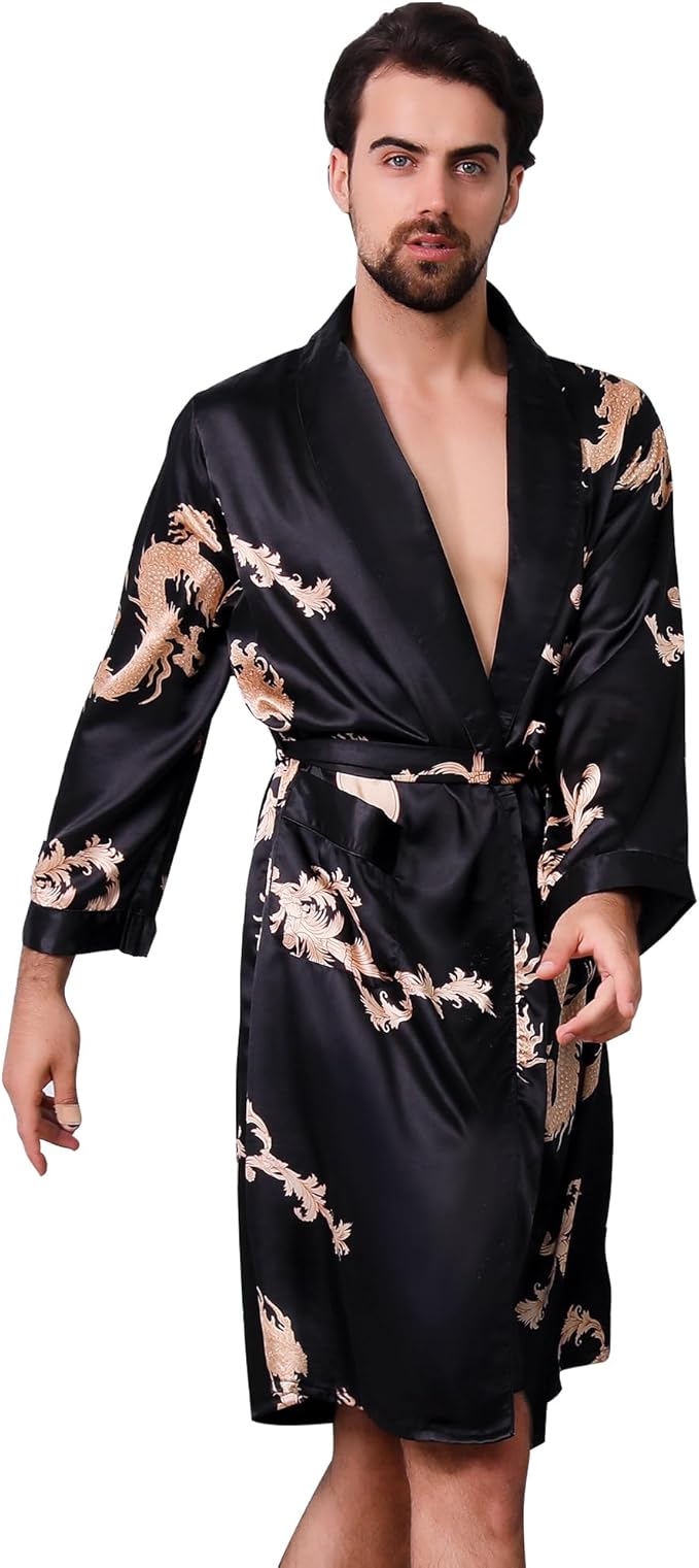 Haseil Men's Satin Robe Dragon Luxurious Silk Spa Long Sleeve House Kimono Bathrobe