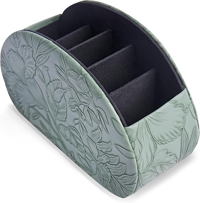 QIELIZI Remote Control Holder, PU Leather Remote Caddy Desktop Organizer with 5 Spacious Compartments for TV Remotes/Media Controllers/Office Supplies (1-Carved Green