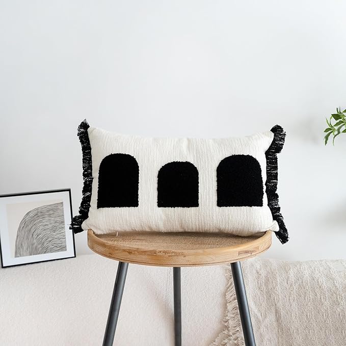 Black White Boho Fringe Tasseled Pillow Cover, Neutral Decorative Rectangular Throw Pillow Case, Geometric Modern Sham for Bed Couch Living Room, 12x20 inches, 1PCS