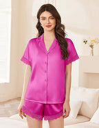 Ekouaer Womens Lace Satin Pajama Set Button Down Pj Shorts Set Bridesmaids Getting Ready Outfits Casual Sleepwear XS-XXL