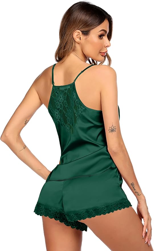 Ekouaer Satin Pajamas Women Lace Sleepwear Lingerie Cami Shorts Set Nightwear XS-XXL