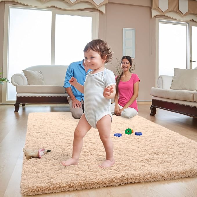 ISEAU Fluffy Rug Carpets Soft Shaggy Area Rugs Indoor Floor Mats for Kids Room Fuzzy Carpet Comfy Cute Nursery Mat Bedside Rug for Boys Girls Bedroom Living Room Home Decor, 4ft x 6ft,Camel