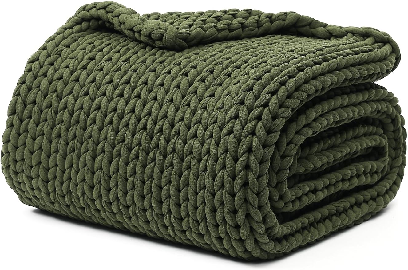 YnM Cotton Weighted Blanket, Handmade Chunky Knitted Design, Soft and Cozy, Temperature Regulating and Breathable, Machine Washable Throw for Sleep or Home Decor (Pine Green, 60x80 Inch, 25lbs)