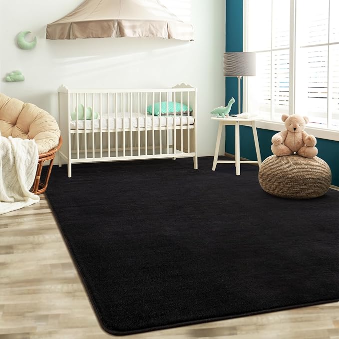 Softlife Area Rug for Bedroom Living Room, Solid Black Non-Slip 5x7 Fluffy Carpet with Soft Low Pile for Kids Boys Girls, Machine Washable Fuzzy Aethetic Rugs Home Dorm Decor