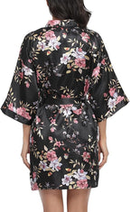 Women's Floral Satin Robes Bride Bridesmaid Getting Ready Robe Short Silky Kimono Sleepwear for Wedding Party
