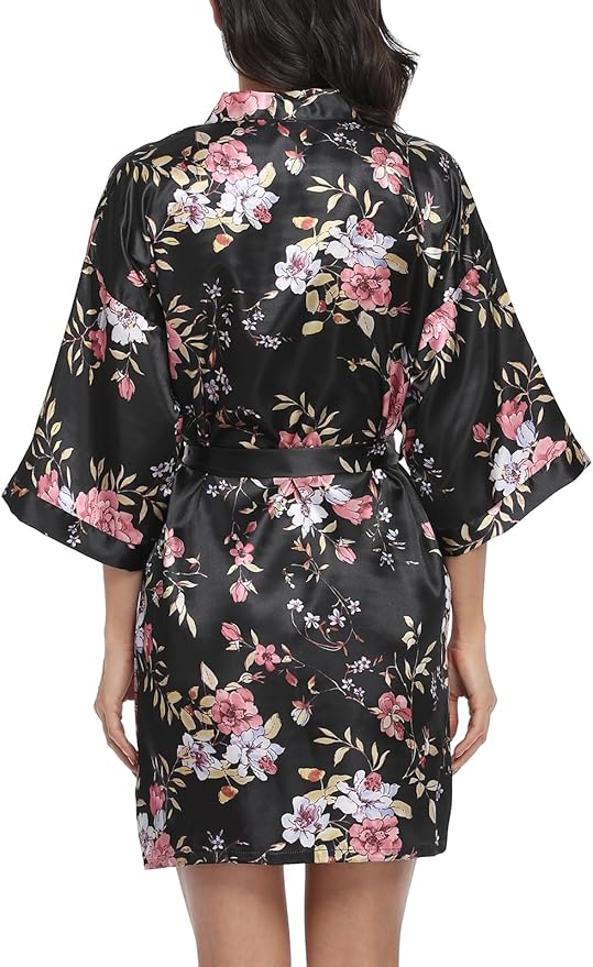 Women's Floral Satin Robes Bride Bridesmaid Getting Ready Robe Short Silky Kimono Sleepwear for Wedding Party
