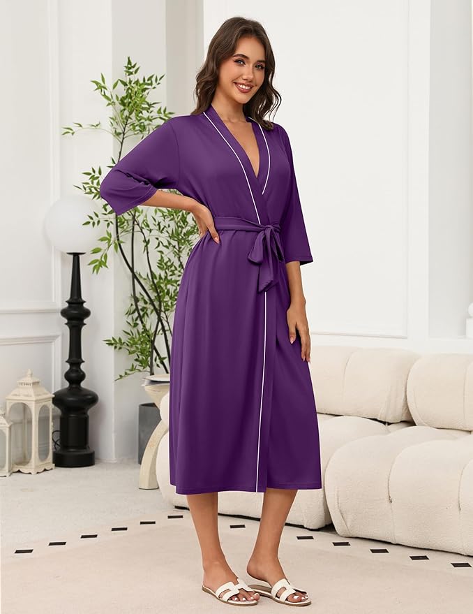 Ekouaer Robes for Women Long Knit Bathrobe Lightweight 3/4 Sleeves Kimono Robe Soft Sleepwear with Pockets S-XXL