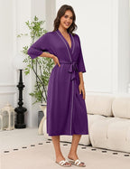 Ekouaer Robes for Women Long Knit Bathrobe Lightweight 3/4 Sleeves Kimono Robe Soft Sleepwear with Pockets S-XXL
