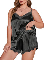 OYOANGLE Women's Plus Size 2 Piece Pajama Satin Lace Trim Cami Top and Shorts Sleepwear Set