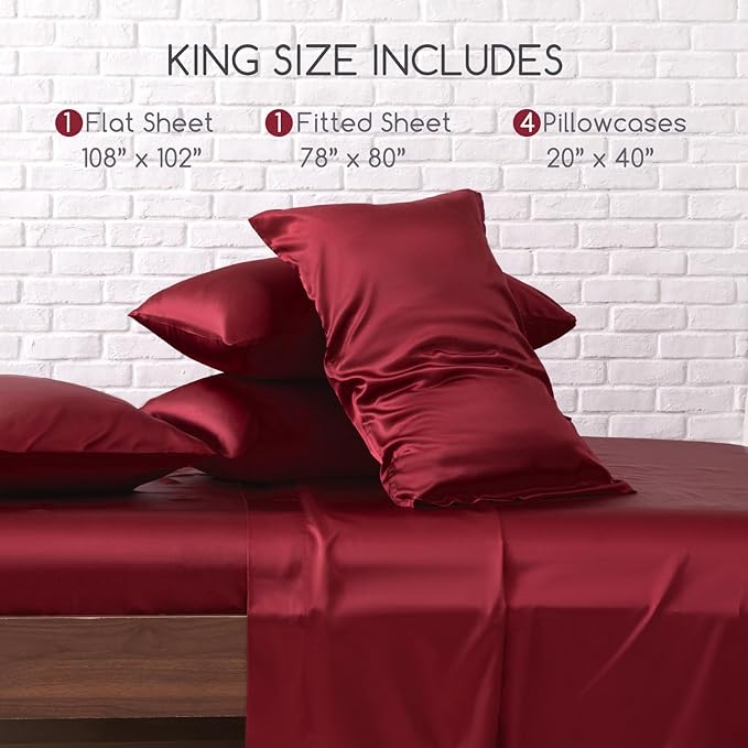 MR&HM Satin Bed Sheets, King Size Sheets Set, 6 Pcs Silky Bedding Set with 15 Inches Deep Pocket for Mattress (King, Burgundy)
