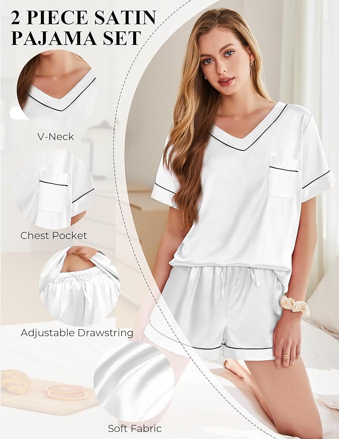 Silk Pajamas for Women Short Sleeve Satin 2 Piece Pj Set Soft V Neck Sleepwear Loungewear, S-XXL