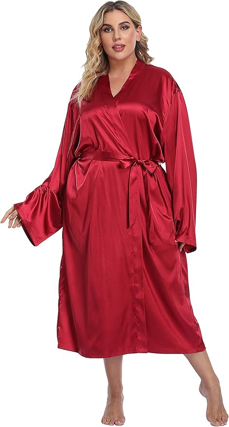 Women's Plus Size Satin Kimono Robes Long Silky Bathrobe Lightweight Sleepwear Wedding Dressing Gown
