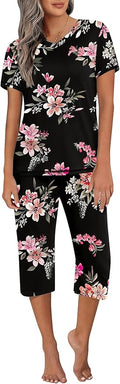 Ekouaer Women's Sleepwear Capri Pajama Sets Short Sleeve Two-Piece Pjs V Neck Tops & Capri Pants with Pockets S-3XL