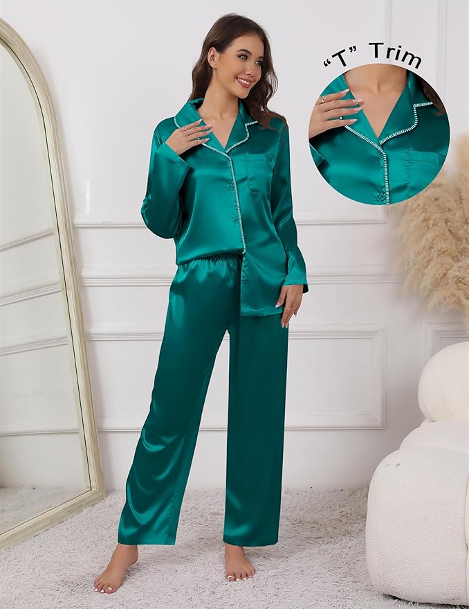 Ekouaer Pajamas For Women Set Silk Pjs 2 Piece Satin Sleepwear Long Sleeve Button Down Lounge Sets With Pant