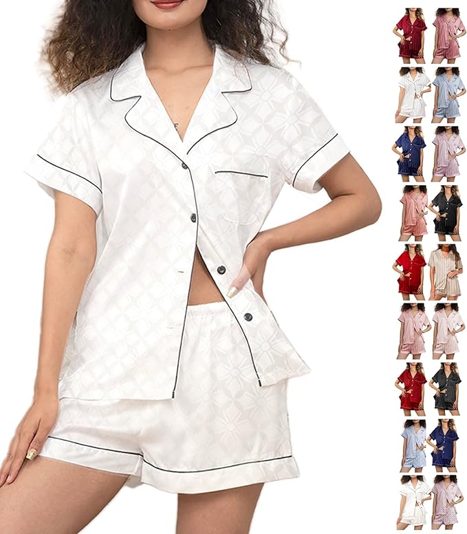 WJing Yi Jia Womens Silk Satin Pajamas Loungewear Two-Piece Sleepwear Button-Down Floral Pj Set XS-4XL