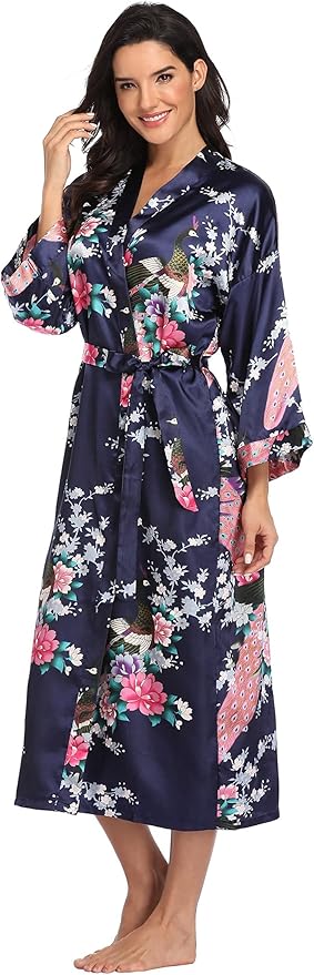 Valennia Women Long Silky Bathrobe Satin Kimono Robe Floral Printed Dressing Gown Sleepwear