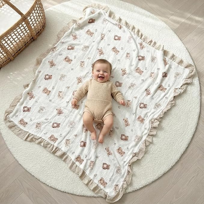 Muslin Ruffled Baby Blanket, Extra Large 52 x 52 Inches, Soft Breathable Cotton Crib Blanket for Newborn Infant Toddler (Spring Garden-Ruffled, Printed)
