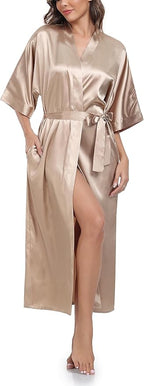 Womens Long Silky Robe Satin Kimono Robes Silk Bathrobe for Wedding Party Full Length Dressing Gown