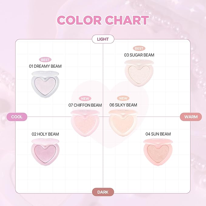 lilybyred Luv Beam Glow Veil | Korean Heart-Shaped Highlighter, Illuminating Shimmer, Radiant Glow, Silky Powder Texture, Buildable & Blendable, Lightweight & Long-Lasting, 0.12 oz. (06 Silky Beam)