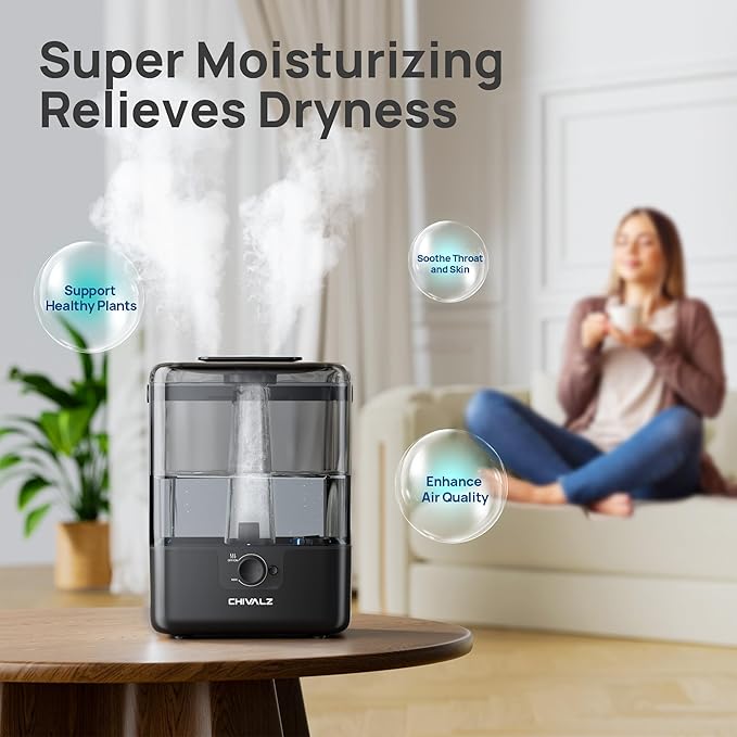 CHIVALZ Humidifiers for Bedroom Large Room Home, 6L Cool Mist Humidifier for Baby and Plant, Oil Diffuser, Top Fill Humidifier with Night Light, Quiet 26dB, Up to 50H, Black 1Pack