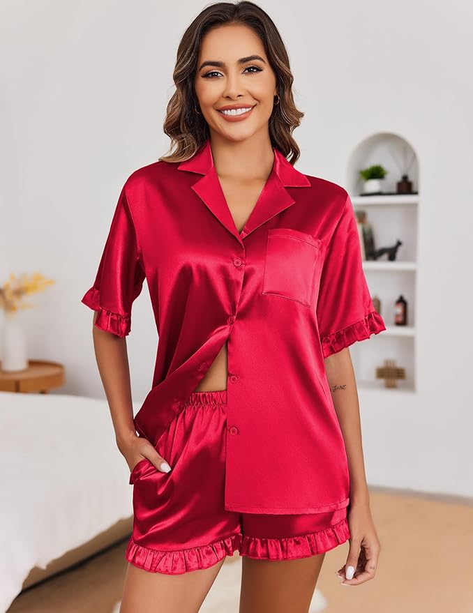 Ekouaer Satin Pajama Set for Women Button Down Silk 2 Piece Pj Sets Ruffle Short Sleeve Sleepwear