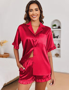 Ekouaer Satin Pajama Set for Women Button Down Silk 2 Piece Pj Sets Ruffle Short Sleeve Sleepwear