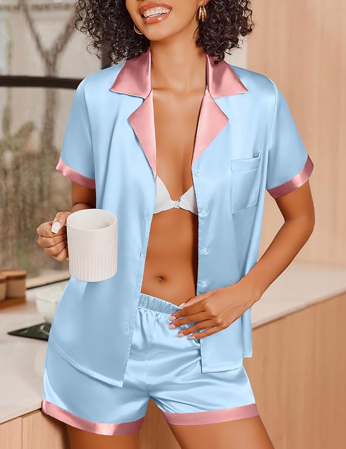 Ekouaer Womens Silk Satin Pajamas Set Short Sleeve Sleepwear Button Down Loungewear 2 Piece Pjs Shorts Set