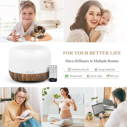 Aromatherapy Essential Oil Diffuser for Room: 500ml Colorful Aroma Air Humidifier with Adjustable Cool Mist Mode, Waterless Auto Off Ultrasonic Diffusers for Large Room Home Office(Brown)