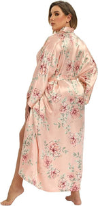 Women's Floral Long Satin Robes Plus Size Long Silk Robes Peacock Floral Kimonos Sleepwear Dressing Gown
