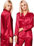 SWOMOG Long Sleeve Pajamas Set Silk Satin Sleepwear Button Down Pjs Loungewear with Pocket