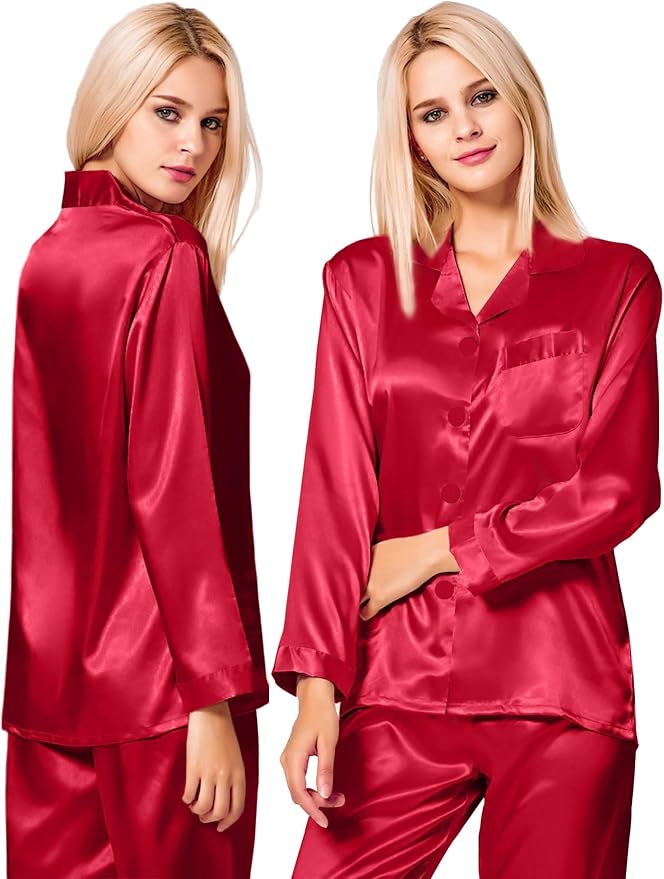 SWOMOG Long Sleeve Pajamas Set Silk Satin Sleepwear Button Down Pjs Loungewear with Pocket