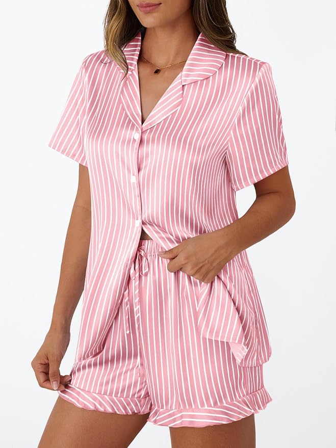 LILLUSORY Womens Satin Silk Pajamas Set 2 Piece Ruffle Pjs Winter Matching Lounge Sleepwear Button Down Striped Shirt Shorts