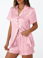 LILLUSORY Womens Satin Silk Pajamas Set 2 Piece Ruffle Pjs Winter Matching Lounge Sleepwear Button Down Striped Shirt Shorts