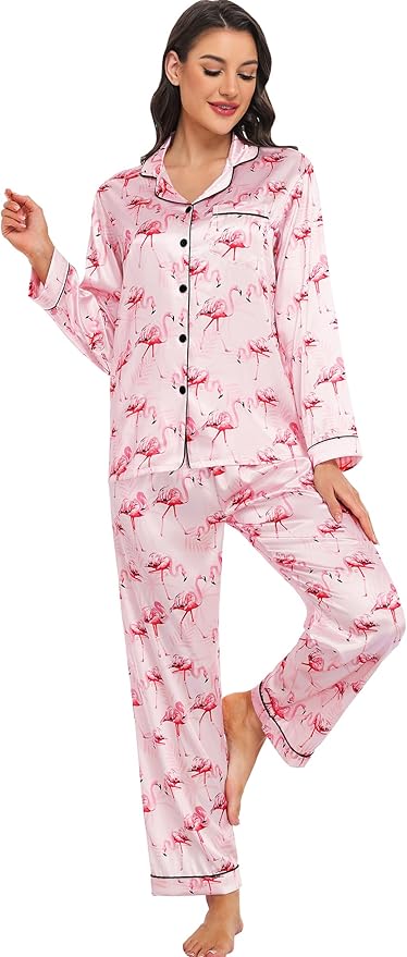 SWOMOG Womens Silk Satin Pajamas Set Long Sleeve Button Down Sleepwear 2 Piece Lounge Set Pj Set XS-3XL