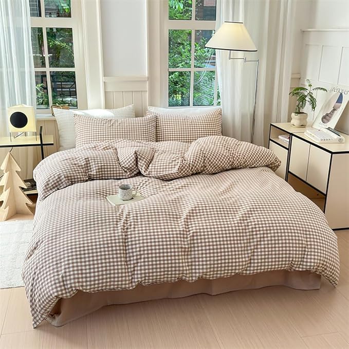 Nayoroom Brown Gingham Duvet Cover Twin Size Tan White Plaid Checkered Duvet Cover Grid Dorm Bedding Set 2 Pieces Soft Lightweight Washed Microfiber Farmhouse Bedding with Pillowcases