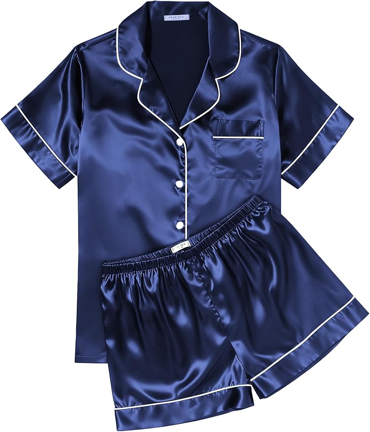 Ekouaer Womens Silk Satin Pajama Sets Soft Short Sleeve Button Down Sleepwear Top and Shorts 2 Piece Pjs Lounge Set