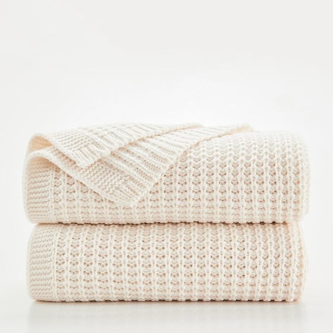 Douceur Cream Throw Blanket for Bed, Soft Chunky Cable Knit Throw Blanket, Classic Fisherman's Rib Stitch Pattern Throw for Living Room,60"X80"